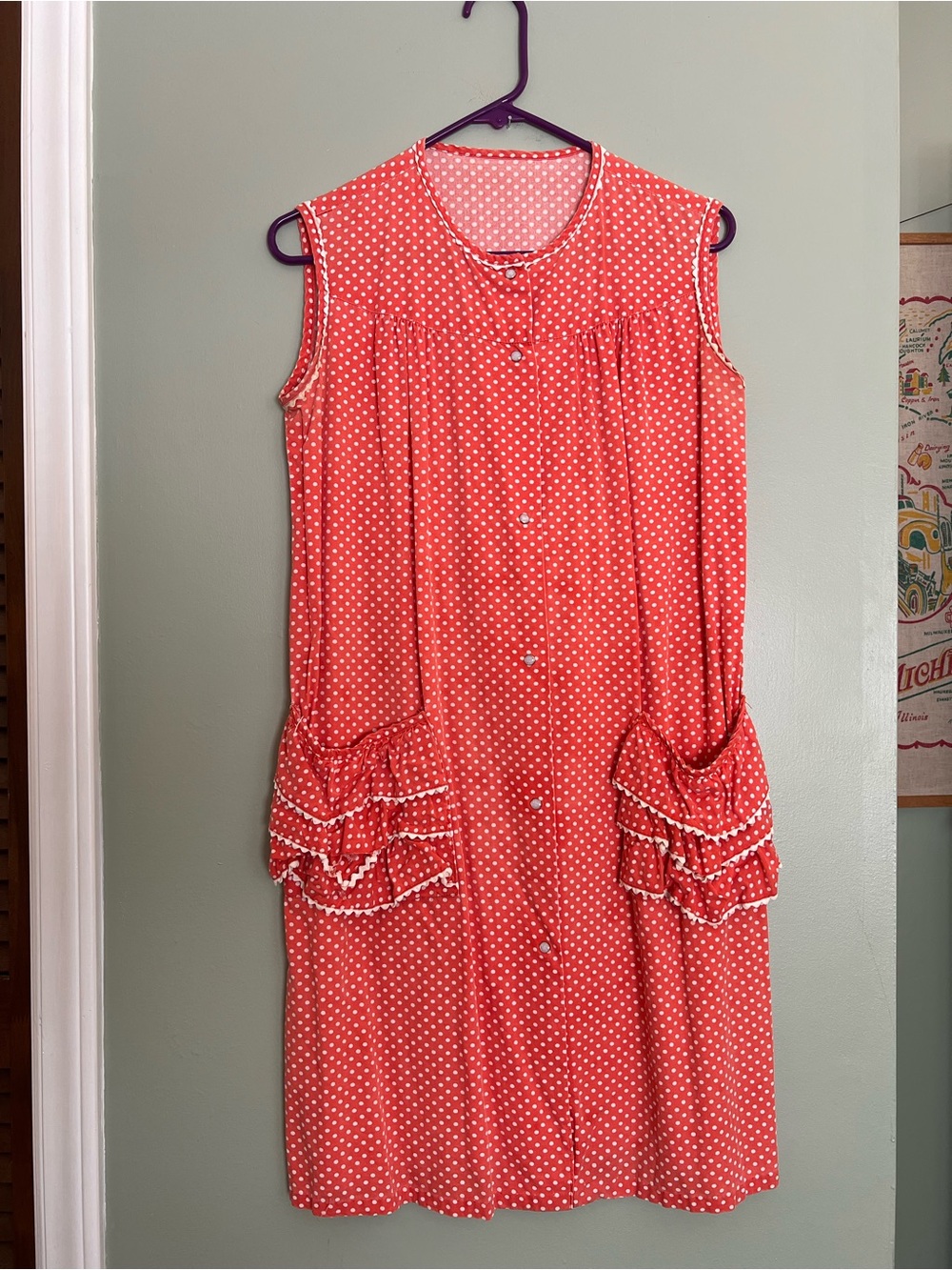 Vintage 1960s Sleeveless Coral Orange Pink Polka Dot Button-Front Dress